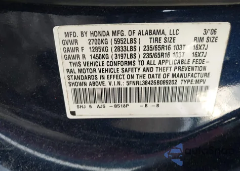 2006 Honda Odyssey Ex z USA, uszkodzony, nr VIN 5FNRL38426B089202